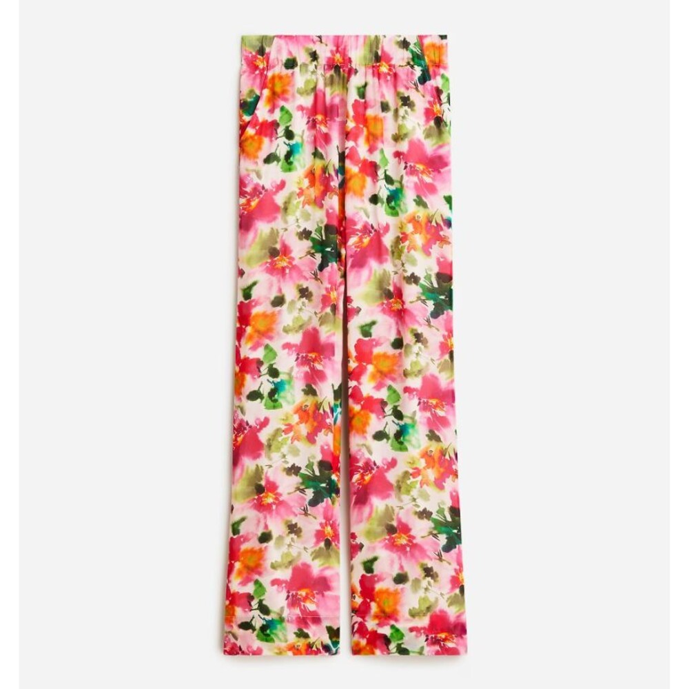 J Crew Full-length Astrid Pants Wide Leg Pull On Pink floral Chiffon Medium
